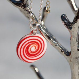 Christmas candy cane glass pendant on pearl chain handmade